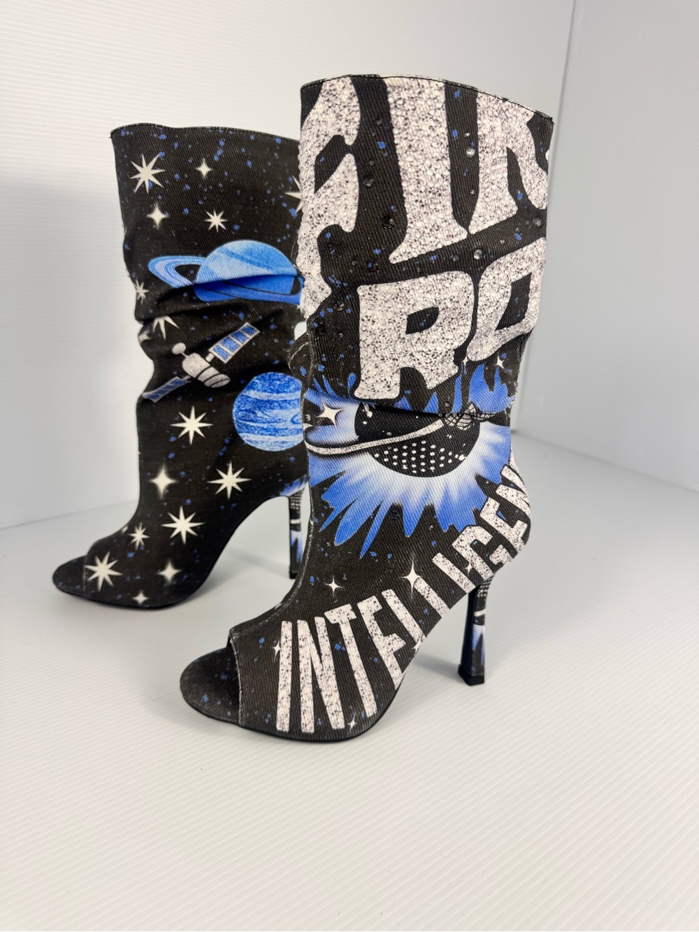 NEW AKIRA Black Multi Galaxy Space Peep Toe Slouch Stiletto Booties - Picture 6 of 7